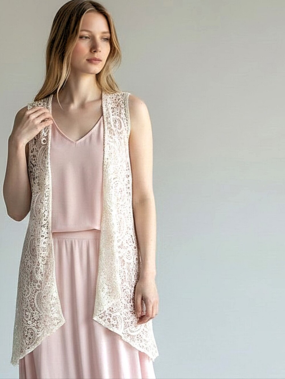 Bongo Cream Lace Open Vest Top High-Low Hem Shabby Cottagecore Wedding Sz L